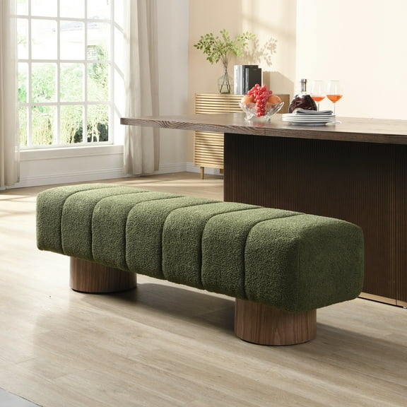 Christopher Knight Home 64.5" Ottoman Bench with Boucle Upholstery and Wood Legs, Green Fabric