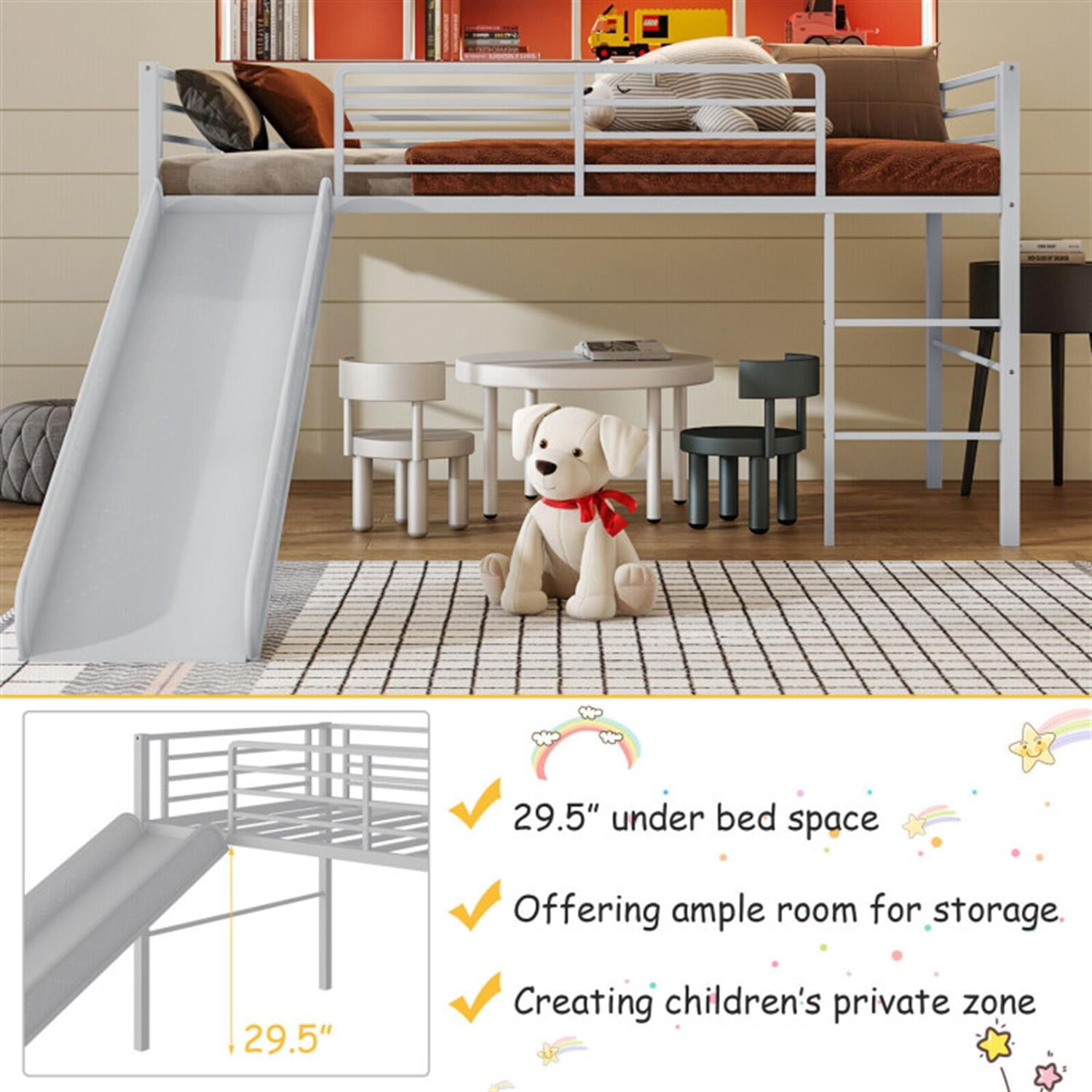 Demi Bonn Twin Metal Loft Bed with Slide Safety Guardrails and Built-in Ladder for Teens, Silver