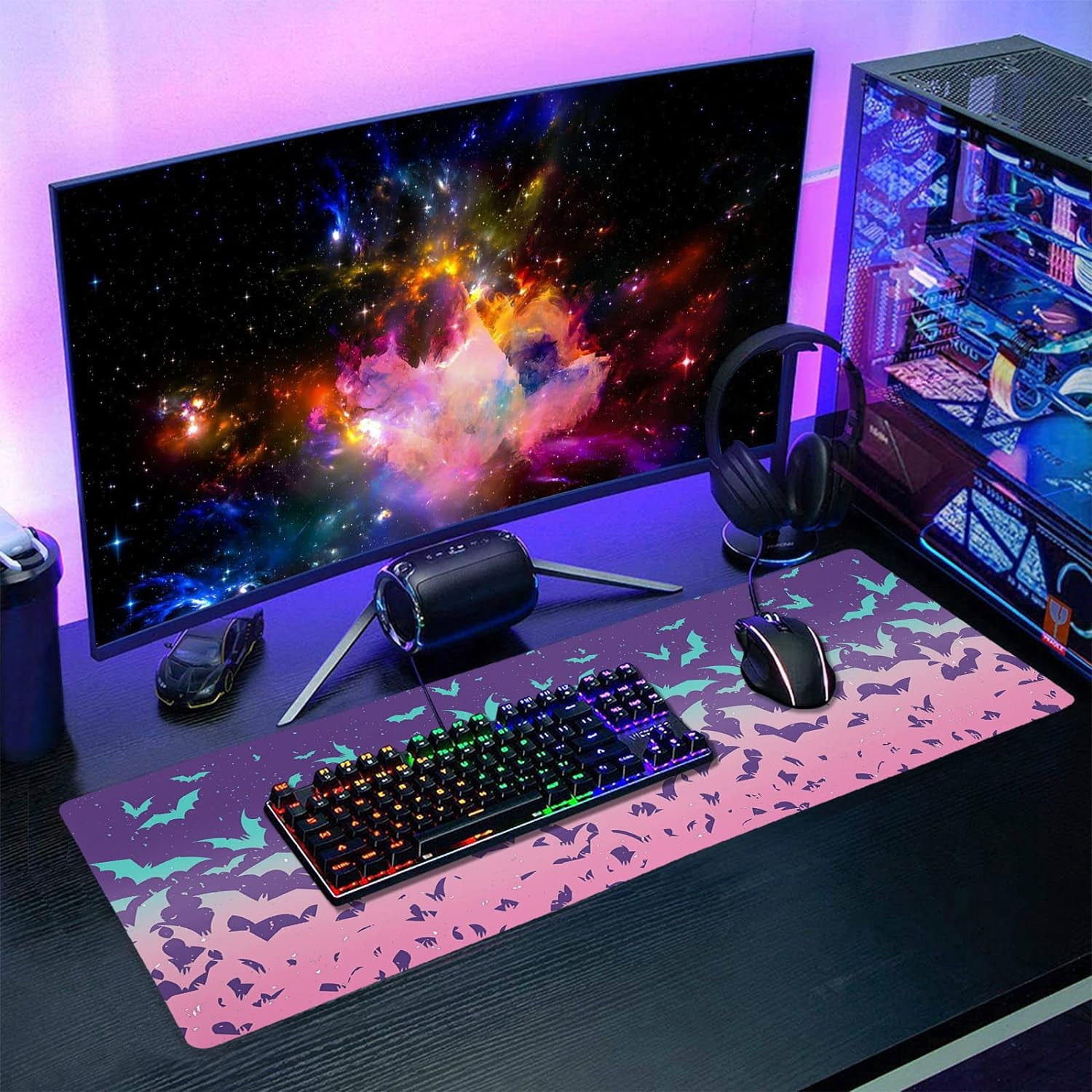 Pink Bats Gaming Mouse Pad XL Pastel Purple Witchcraft Extended Big Large Desk Mat Non-Slip Rubber Base Stitched Edge Long Keyboard Mousepad for PC Computer Laptop,31.5×11.8 in