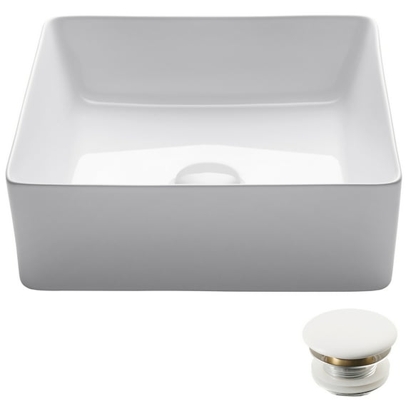 KRAUS Viva Square White Porcelain Ceramic Vessel Bathroom Sink with Pop-Up Drain, 15 5/8 in. L x 15 5/8 in. W x 5 1/8 in. H
