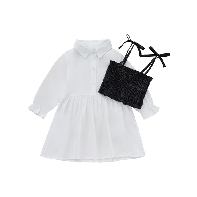 Xingqing Robe Chemise à Manches Longues pour Bébé Fille + Débardeur à Bretelles Spaghetti Tenues de Printemps Automne