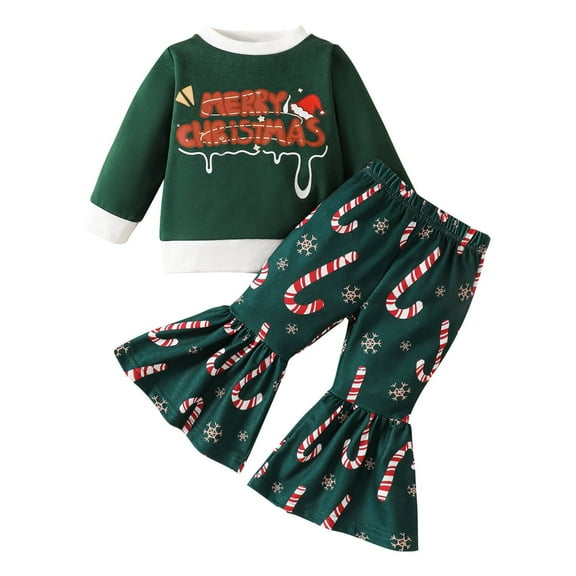 Mercatoo Toddler Baby Girls Christmas Outfit Long Sleeve Letters Print Sweatshirt Flare Pants 2 Pieces Kids Clothes Set