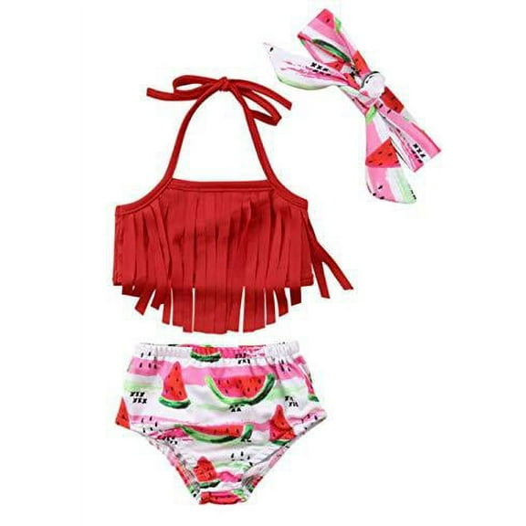 Styles I Love Infant Baby Girls Red Fringe Watermelon Bikini Swimsuit and Headband 3pcs Set Bathing Suit Beach Swimwear