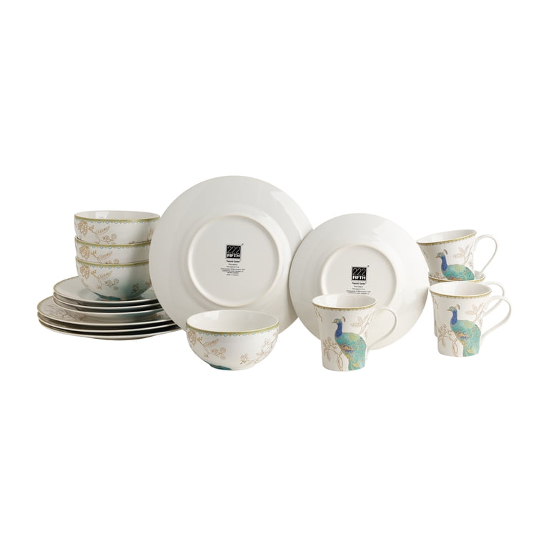 222 Fifth Peacock Garden 16-Piece Porcelain Dinnerware Set, Blue White