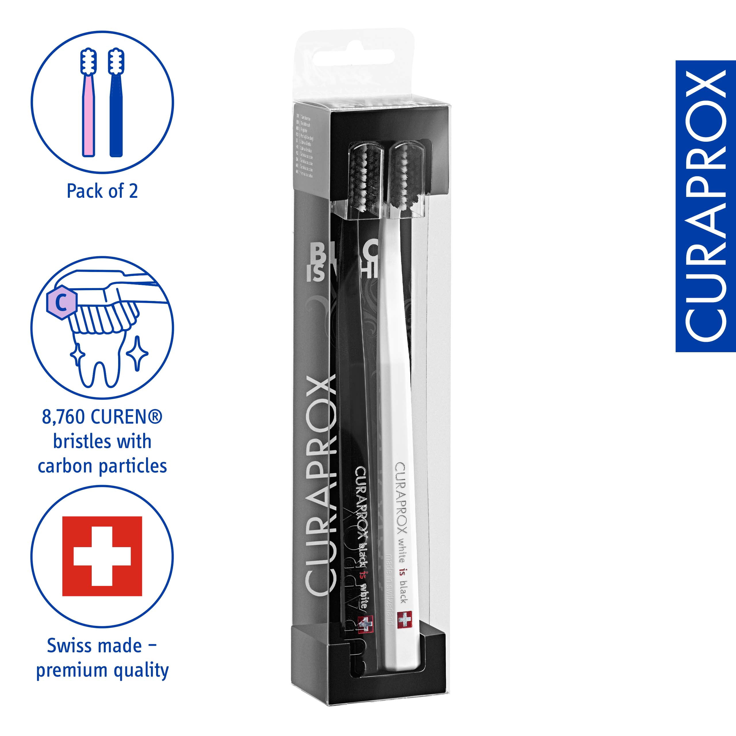 Curaprox Black is White Duo Toothbrush – Ultra Soft Carbon Whitening, Black/White, 2-Pack