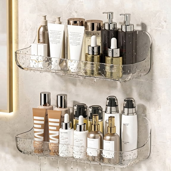 Shower Caddy – 2 Pcs Clear Acrylic Units with Drainage Holes & Front Lip, Self-Adhesive Wall Mount, No Drilling Required