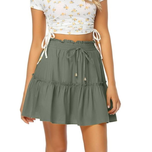 Gibobby faldas para niña corta de moda para mujer Falda sólida elástica de cintura alta(Verdinegro, S)