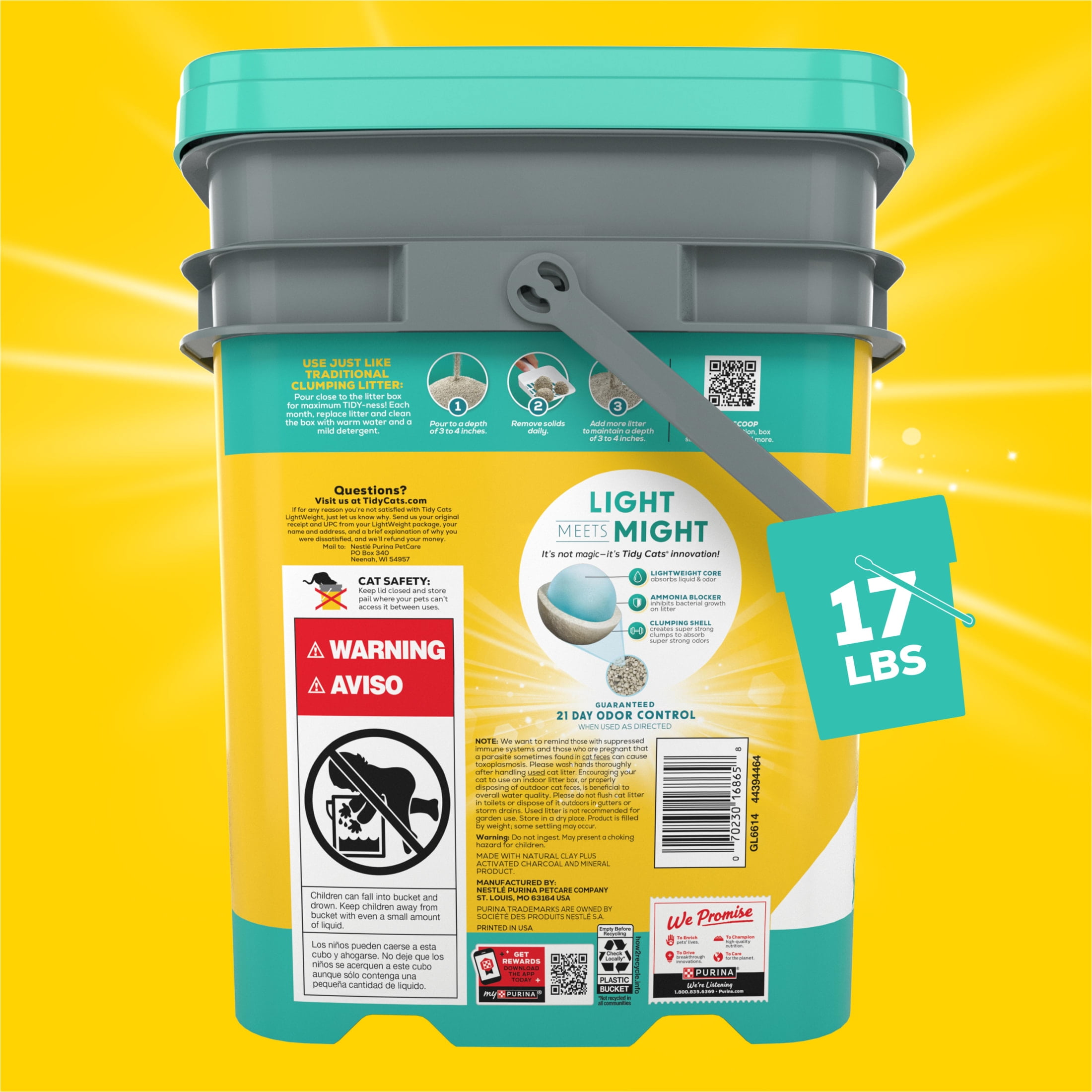 Purina Tidy Cats Free and Clean LightWeight Cat Litter, Unscented, 17 lb Pail