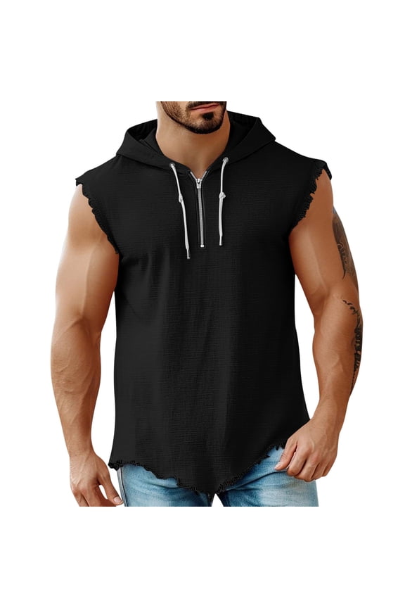 Linen Mens Hoodie Pullover Drawstring Quarter Zipper Sleeveless Vintage Tops T-Shirt Streetwear Fathers Gift
