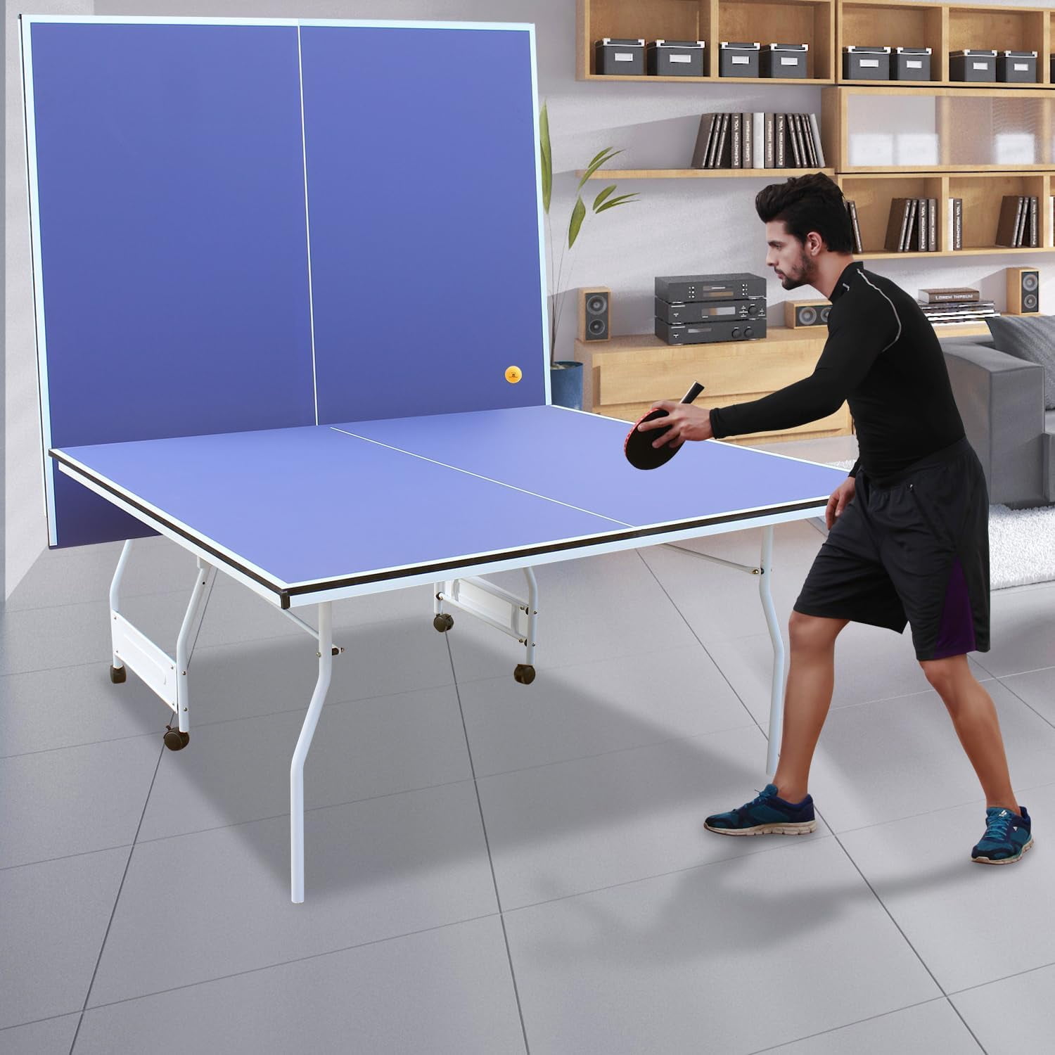 HooKung 9ft Mid-Size Table Tennis Table, Foldable Ping Pong Table sets, 0.5'' Thick for Indoor with Net, 2 Table Tennis Paddles and 3 Balls