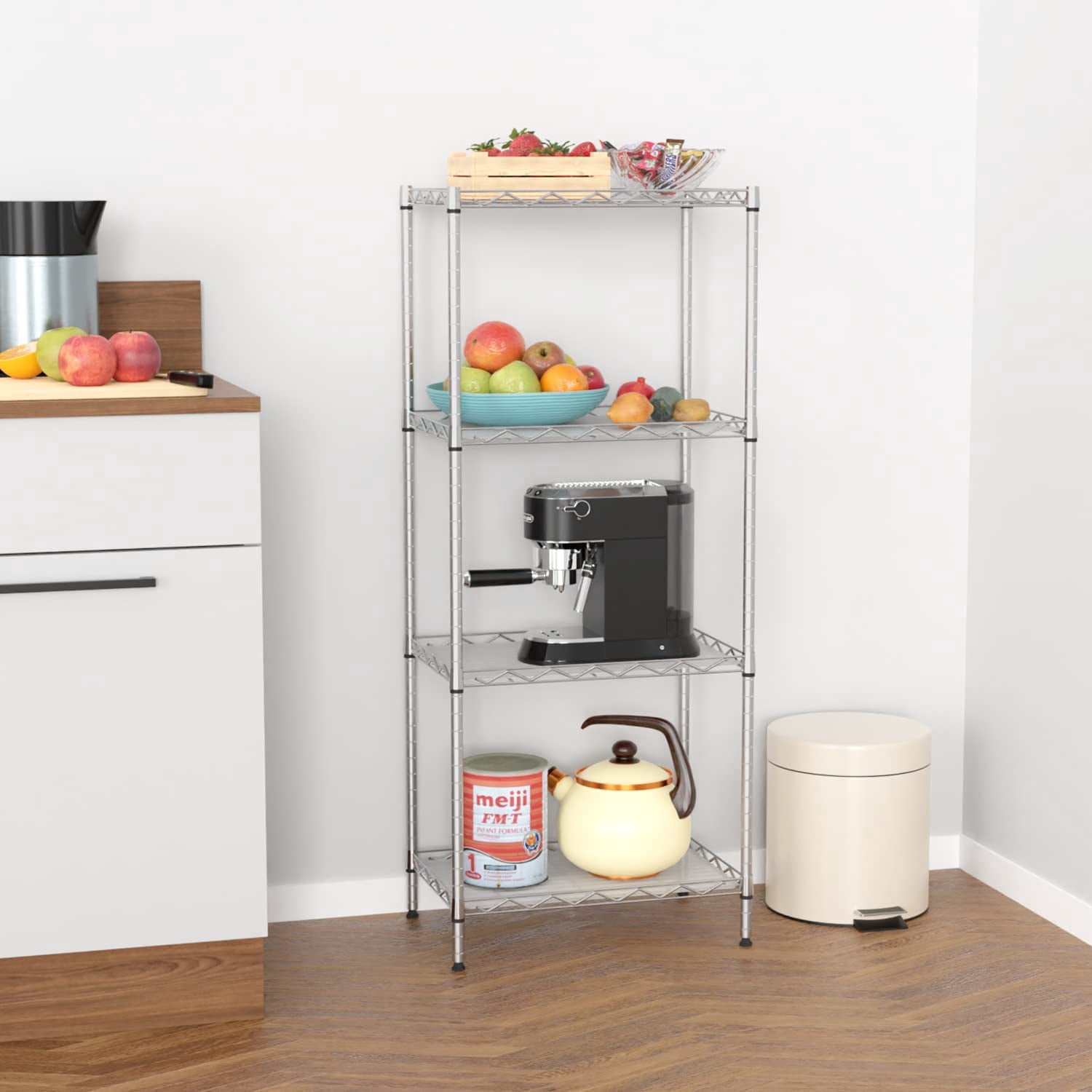 BestOffice 4 Tier Layer Storage Shelves Wire Metal Shelf for Laundry Bathroom Kitchen Garage(18L x 12W x 44H),Chrome