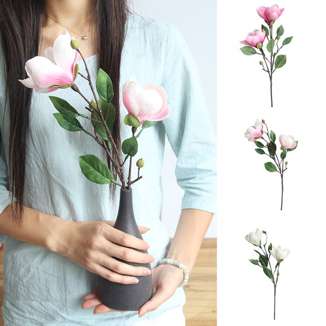 Gwong Decoración hogareña 1pc 2 cabezas artificial magnolia seda flor home cafe tienda hotel fiesta fiesta Gwong 21006873