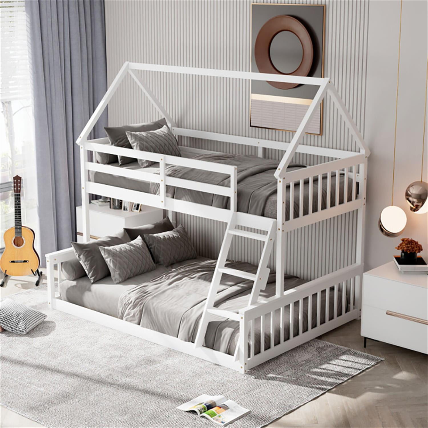 Demi Bonn Twin Over Full Bunk Bed with Ladder and Guardrails, House Twin Bunk Beds, Bed Frame, White