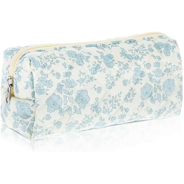 wonima02 Cute Pencil Case, Aesthetic Flowers Pencil Pouch, Portable Pen Bag Wide Opening, Soft Quilted Pencil Pouch Organizer with Zipper for Office College Storage Makeup Pouch, Blue Flowers