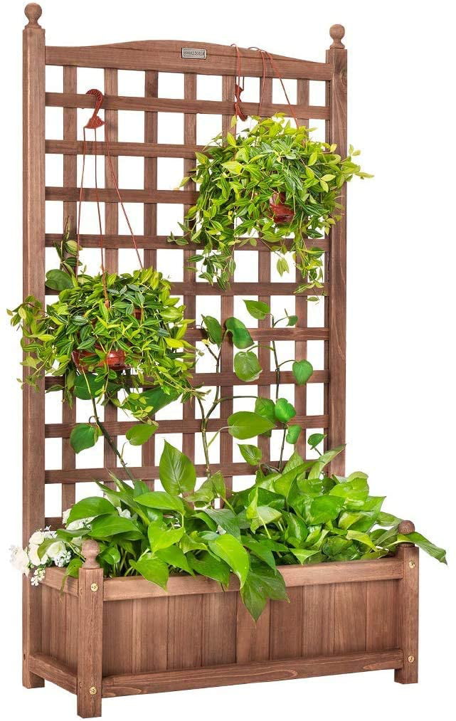 Wood Plant Free Standing Plant Raised Bed with Trellis for Garden or Yard 23.62x13.78x34.84in 【US Stock】 