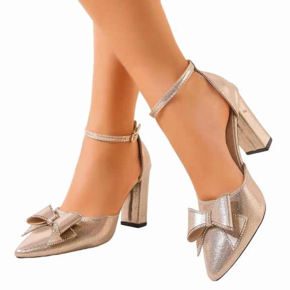 Purcolt Women's Sparkly Bow Buckle Pumps Dressy Casual Closed Pointed Toe Ankle Strap Heels Shiny Glitter Dress Shoes for Club Party Wedding