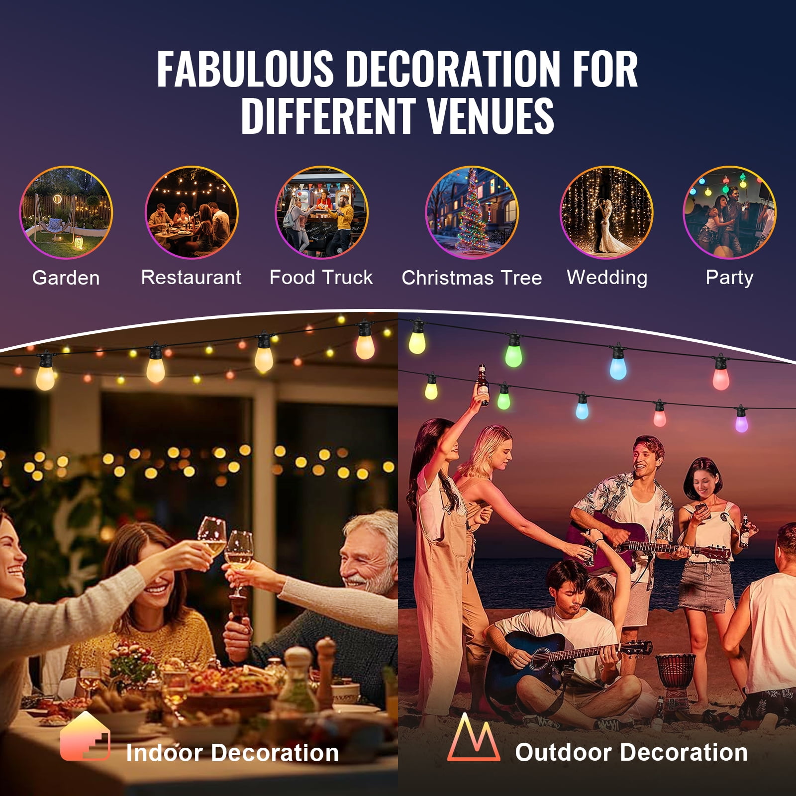 VEVOR RGB Outdoor String Lights, 100FT, Outside Patio Lights with APP Control 30 Bulbs, 15 Single-Color Adjustable Brightness Time Setting, Waterproof Hanging Lights for Halloween Decoration