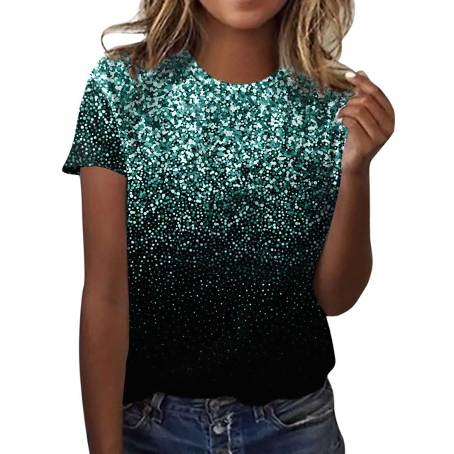 TSADFHJI Chandails pour Femmes en Coton Mode Décontractée pour Femmes Dégradé à Paillettes Imprimé Col Rond T-Shirt Ample