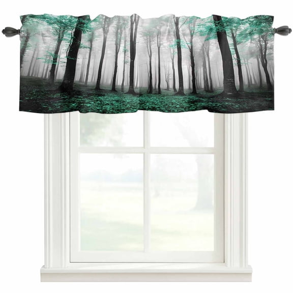 Turquoise Forest Farmhouse Short Window Curtain Valances, Vintage Foggy Woods Tree Mysterious Rod Pocket Kitchen Valances for Living Room Bedroom Bathroom Cafe 42" x 12"