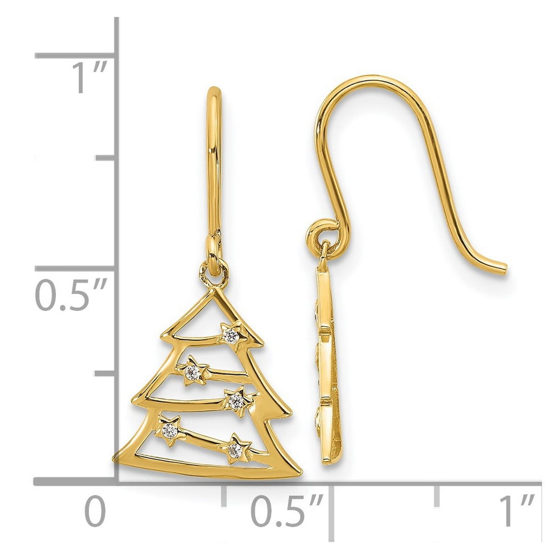 14k Solid Yellow Gold Polished CZ Christmas Tree Shepherd Hook Long Drop Dangle Earrings 22x11.6mm Wide Dangle Earring f
