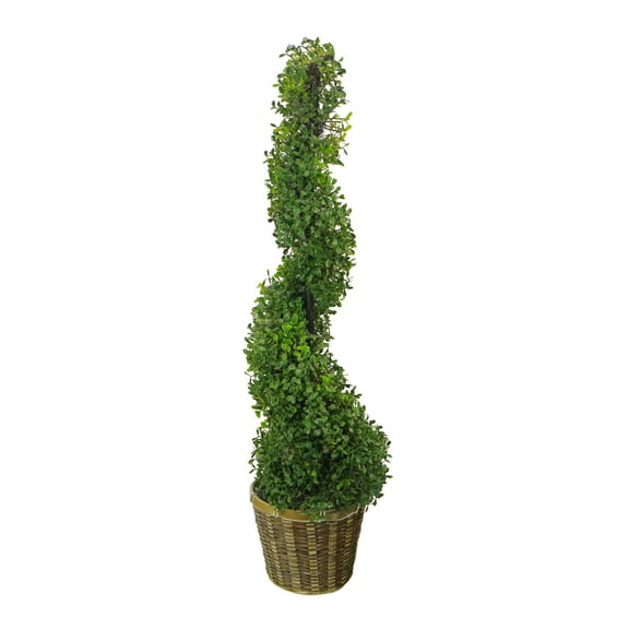 3’ Artificial Boxwood Leave Topiary Plant Tree in Basket, Green/Two-tone