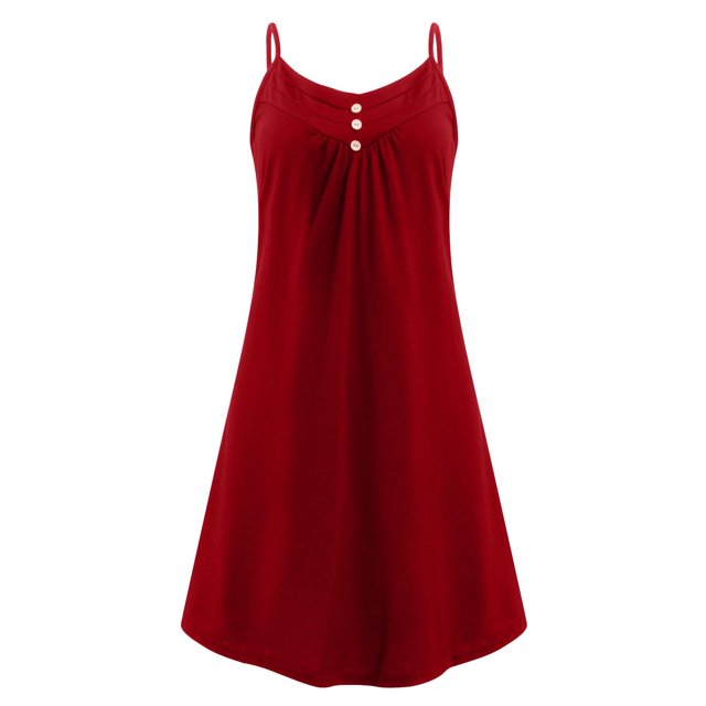 Innerwin Robes à Bretelles Spaghetti Robe Courte Mini Robe de Soirée Boutonnée Ample Robe Trapèze Rouge Vin L