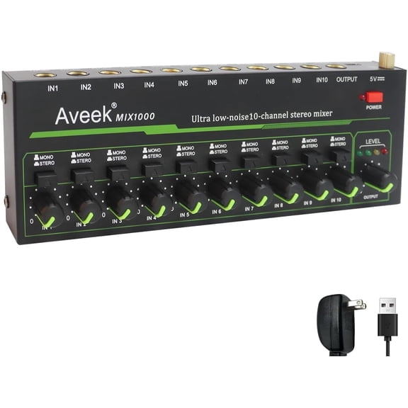 Aveek 10 Channel Mixer - Mini 10 Stereo Audio Mixer, Low-Noise for Precision Sub-Mixing,1/4" TRS Ideal for Mics/Guitars/Bass/Stage