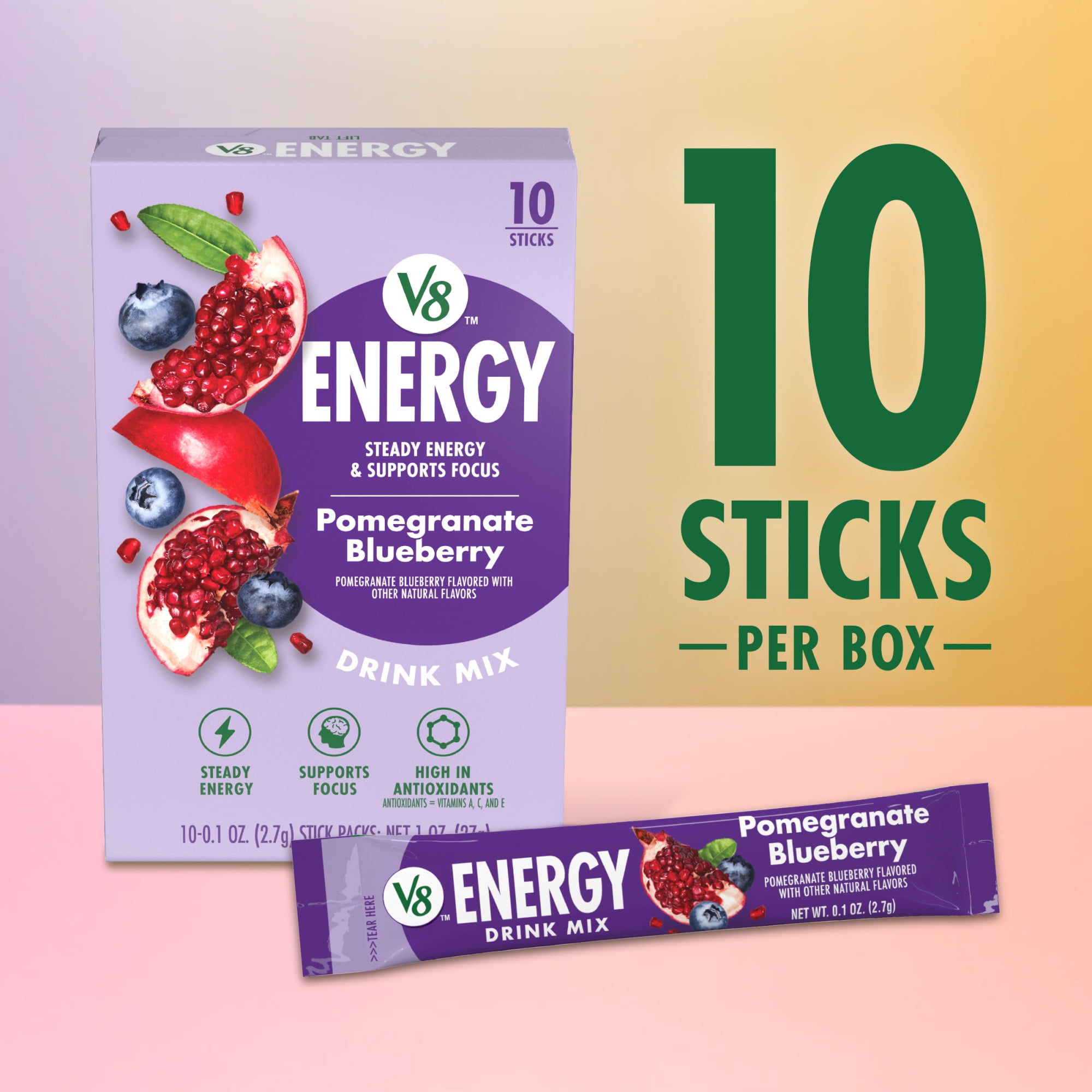 (12 pack) V8 Energy Pomegranate Blueberry Energy Drink Powder, .10 oz Packet (120 Count)