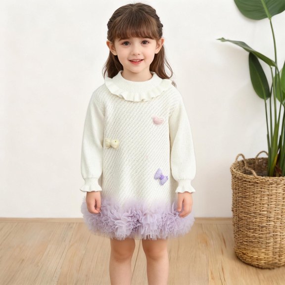 BRGZLK Girl's Knitted Shirt Dress Bow Lotus Leaf Collar Lace Sleeve Skirt Long Sleeve Round Neck Solid Color Dress Birthday Clothes Beige 2-3 Years