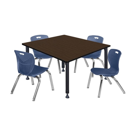 Regency Kee 48 in. Square Adjustable Classroom Table- Neo Walnut Top, Black Base & 4 Andy 12 in. Blue Stack Chairs