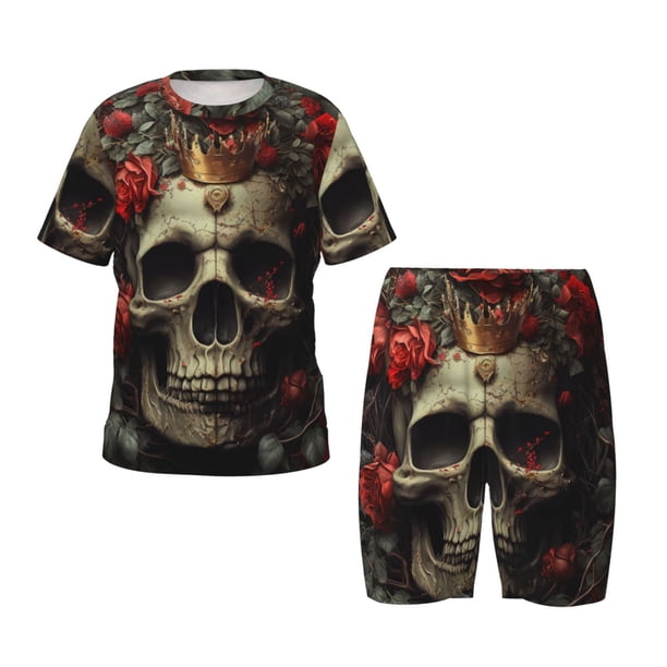 Fotbe Classical Rose Crown Skull Pijama Estampada de 2 Piezas para Niños – Ropa de Dormir de Manga Corta Cómoda para Niños y Niñas, Camiseta y Shorts de Algodón-3X-Large