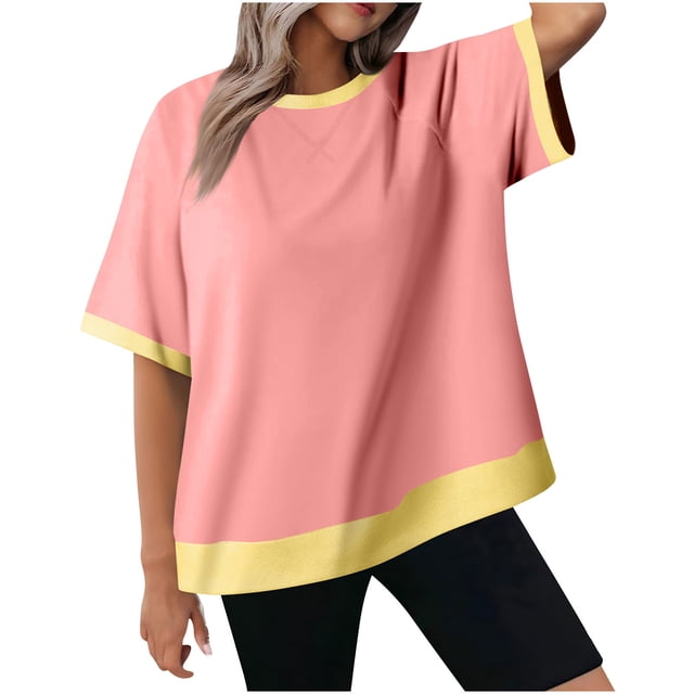 fheaev Haut d'Été pour Femmes Économies d'Été 2025 Liquidation! Nouveau T-shirt Décontracté Ample à Manches Courtes Col Rond Fileté