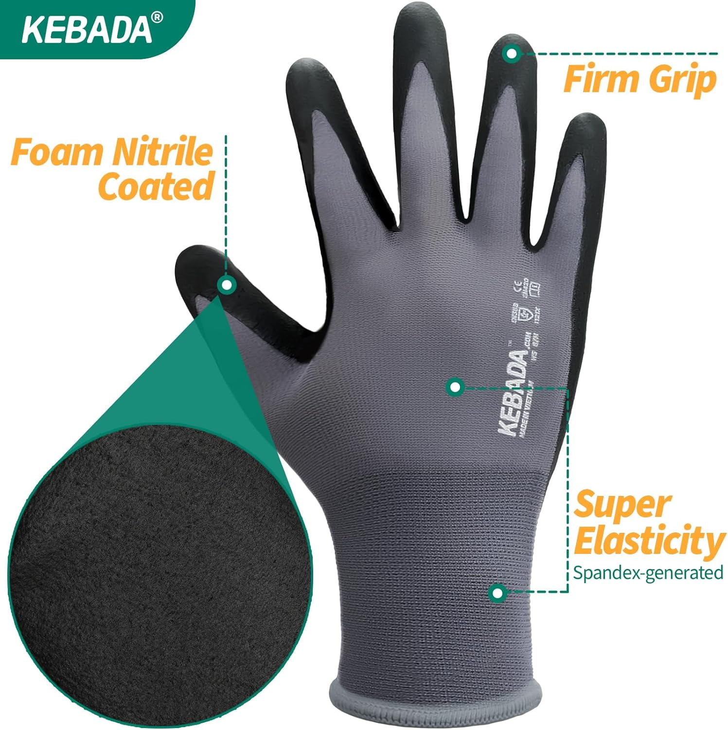 60 Pairs KEBADA Nitrile Coated Work Gloves, Abrasion-Resistant, Grip Gloves for Gardening, Warehouse, Mechanics, and Light Construction, Small