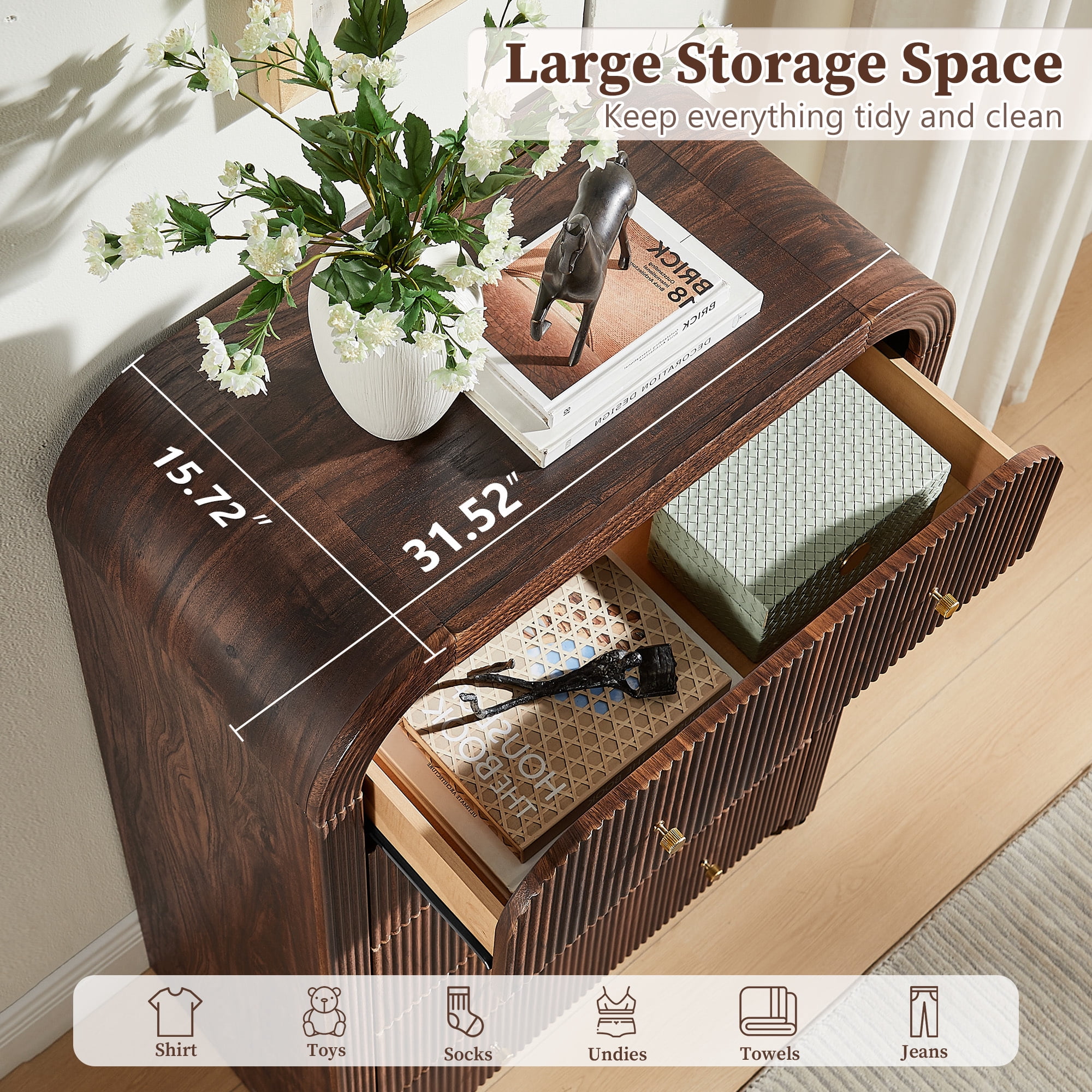 KeyWhat Modern 5-Drawer Dresser, 48" Fluted Tall Chest of Drawers with Curved Profile and Metal Handles, Wood Storage Cabinet for Bedroom, Living Room and Hallway, Dark Walnut