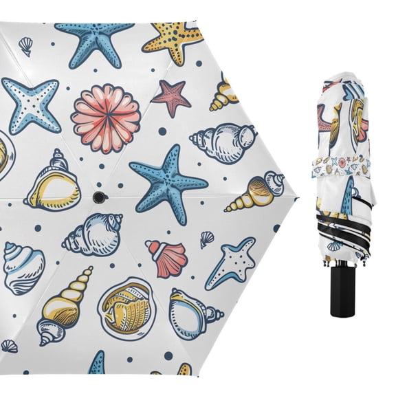 Seashells and Coral Compact Sun Umbrella Windproof Travel Umbrellas for Rain Strong Portable UV Protection