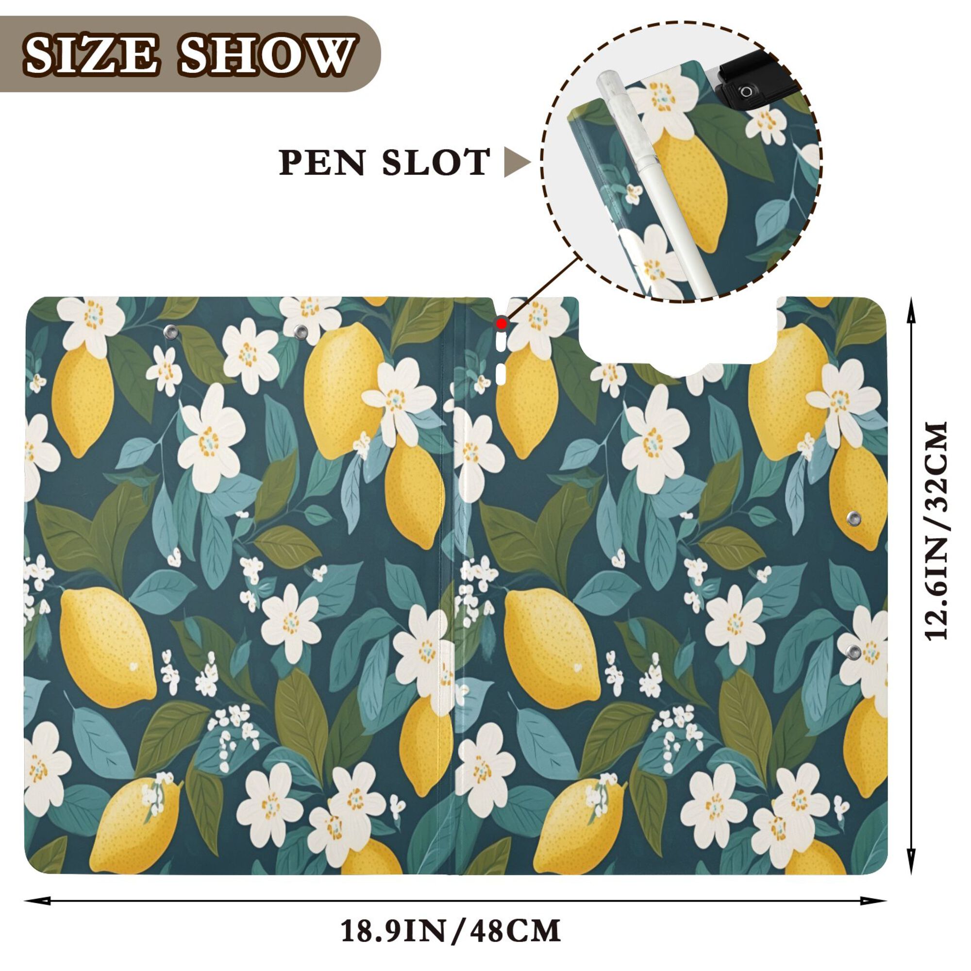 FORMRS A4 Clipboard Folder with Pen Holder Horizontal Foldable School Office Binder, Green Lemon Leaves