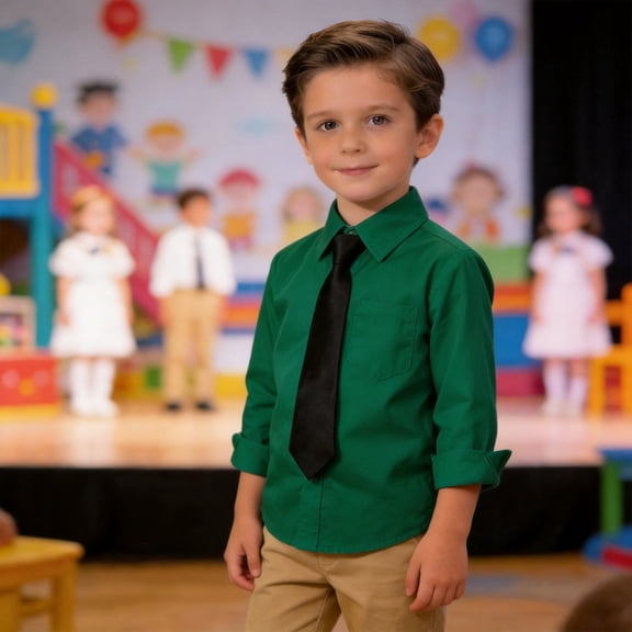 Boys' Green Long Sleeve Dress Shirts Formal for Kids School Uniform Collared Button Down Shirt and Tie Set 18-24 Months