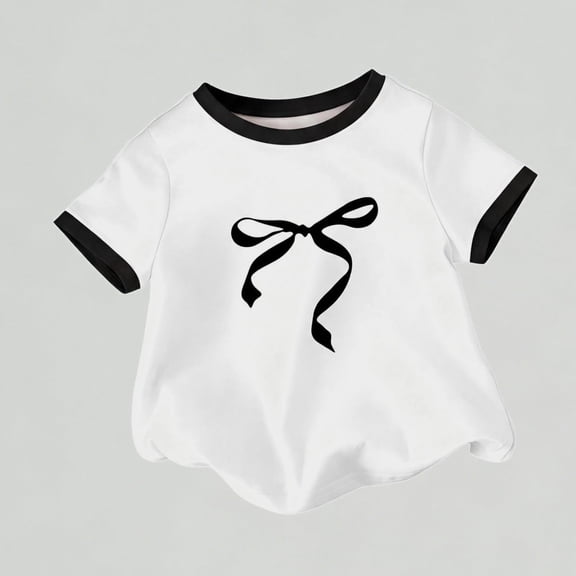 Xijirk Girls T Shirts Elegant Bow Print Ruffled Short-Sleeve Shirt Bow Print Soft Casual Tee Shirt,5-6 Years