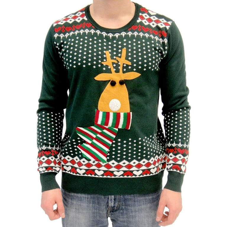 Ugly Christmas Sweater Rudolph Flashing Light Red Nose Reindeer Adult Green Sweater Walmart