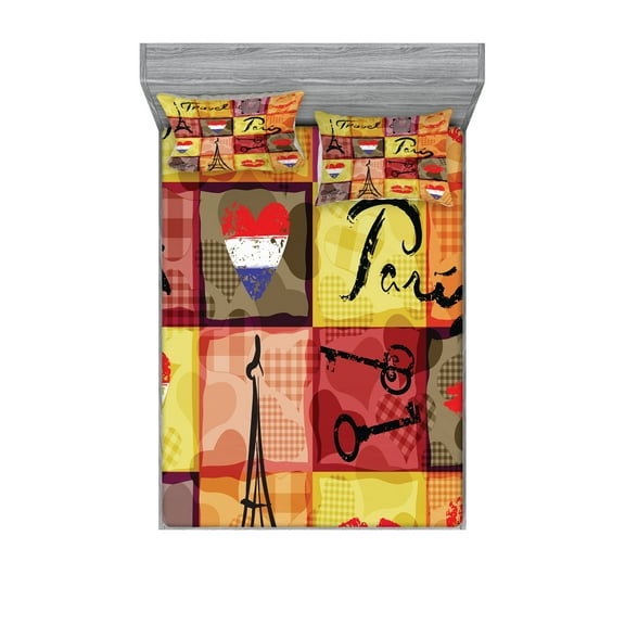 Ambesonne Colorful Fitted Sheet & Pillow Sham Set, French Paris Collage, Queen, Multicolor