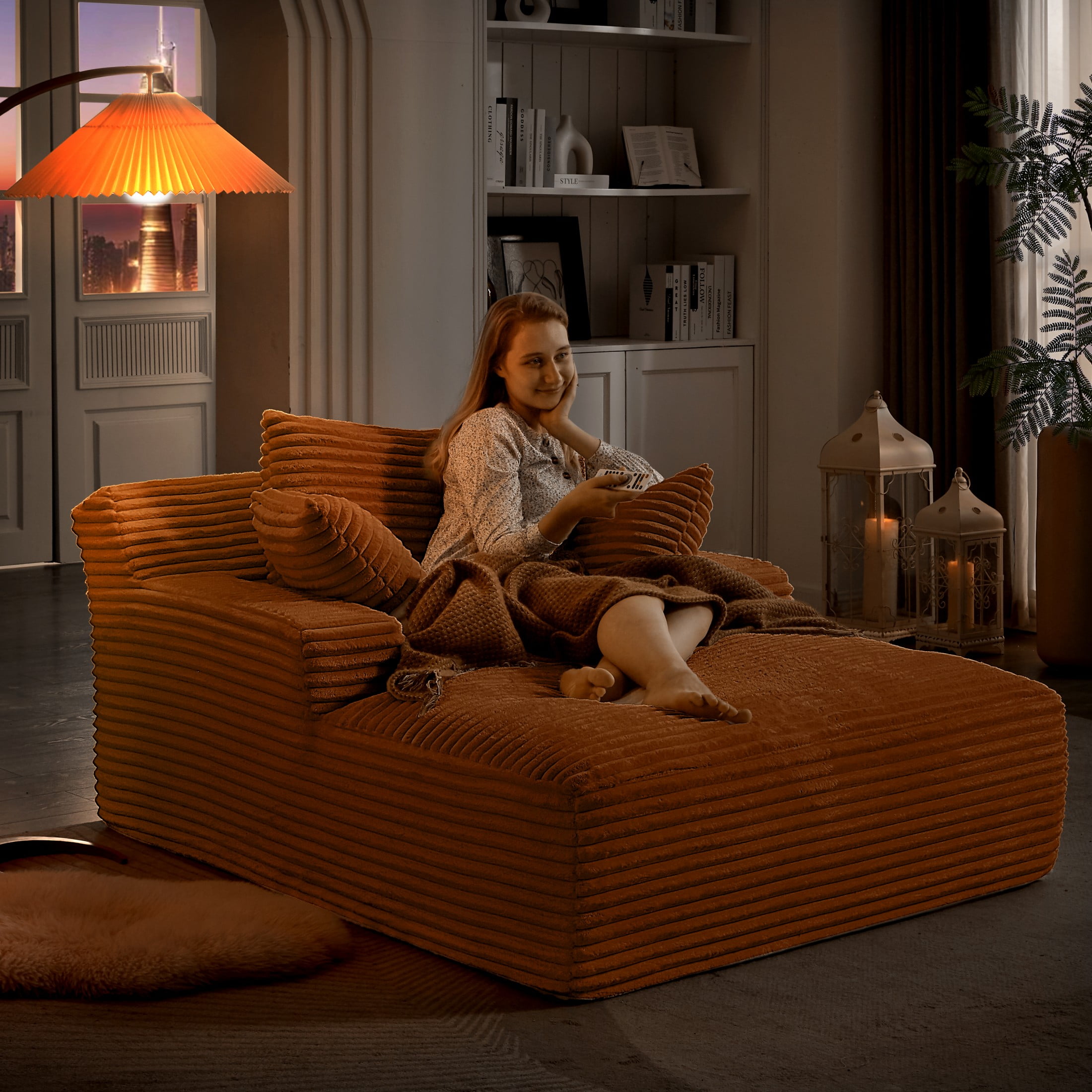 Aukfa Oversized Chaise Lounge Sofa Bed, Corduroy Upholstered Sleeper Chair, Boneless Deep-Seat Couch, Orange