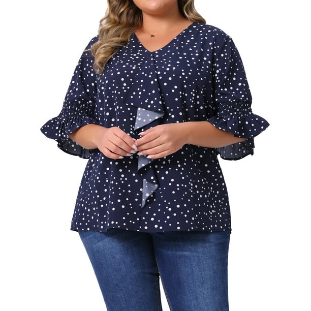 Blusa de mujer de tallas grandes GRACE & GRANDEUR con volantes en el frente, mangas fruncidas, cuello en V, tops casuales 4X azul oscuro