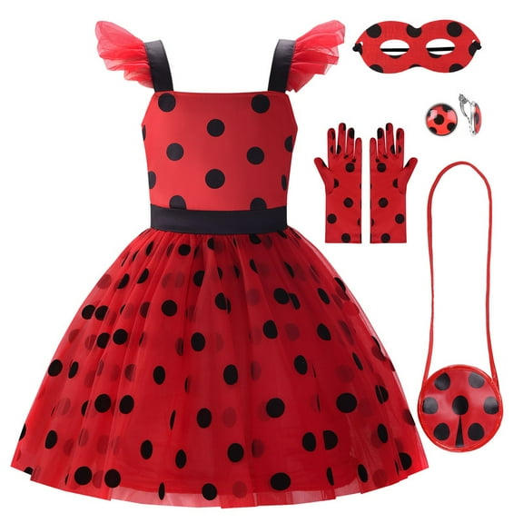 Uplus ME Girls Ladybug Dress Lady Bug Costume for Kids Ladybird Dress Up Outfits(5-6Y/120)