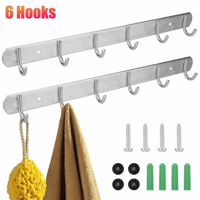 Coat Rack Wall Mount, Coat Hook for Hanging Coats, 6 Hooks Coat Hanger Wall Mounted for Coat Hat Robe Clothes, Size: 2pcs, Silver