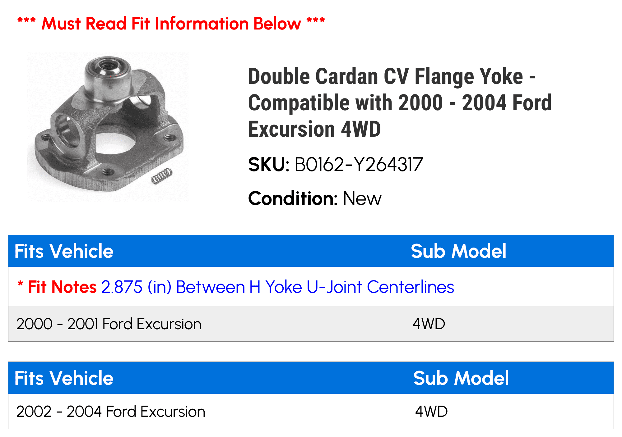 Double Cardan CV Flange Yoke - Compatible with 2000 - 2004 Ford Excursion  4WD 2001 2002 2003 - Walmart.com