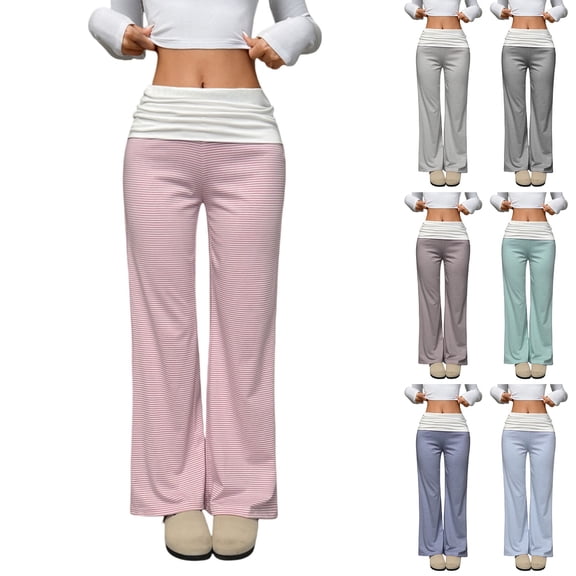 Women's Fold Over Wide Leg Yoga Pants Stretchy Bell Bottom Roll Up