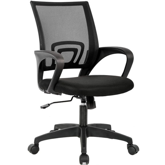 Mid‑Back Ergonomic Swivel Desk Chair, Breathable Backrest with Lumbar Support, Height Adjustable Sponge Seat, Rolling Wheels for Home and Office, Black