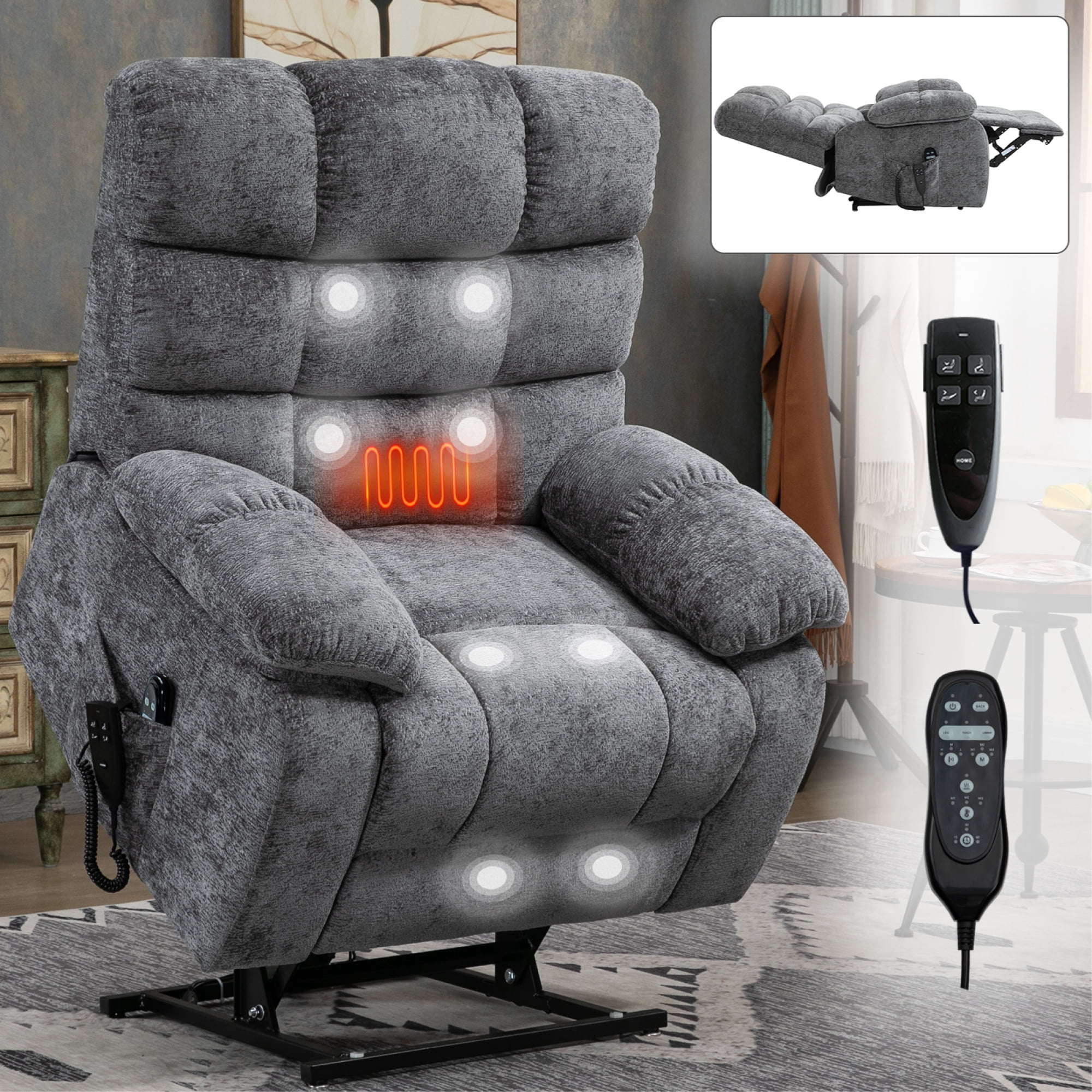 Leumius Large Power Lift Recliner Chair for Elderly,Heavy Duty Chenille Recliners with Massage and Heating for Living Room,Gray