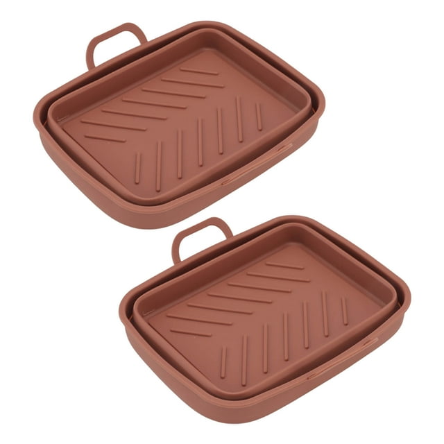 2 Pcs Silicone Air Cooker Pot with Handle Rectangular Fryer Liner Tray Replacement for Kitchen Cooking Accessories Brown