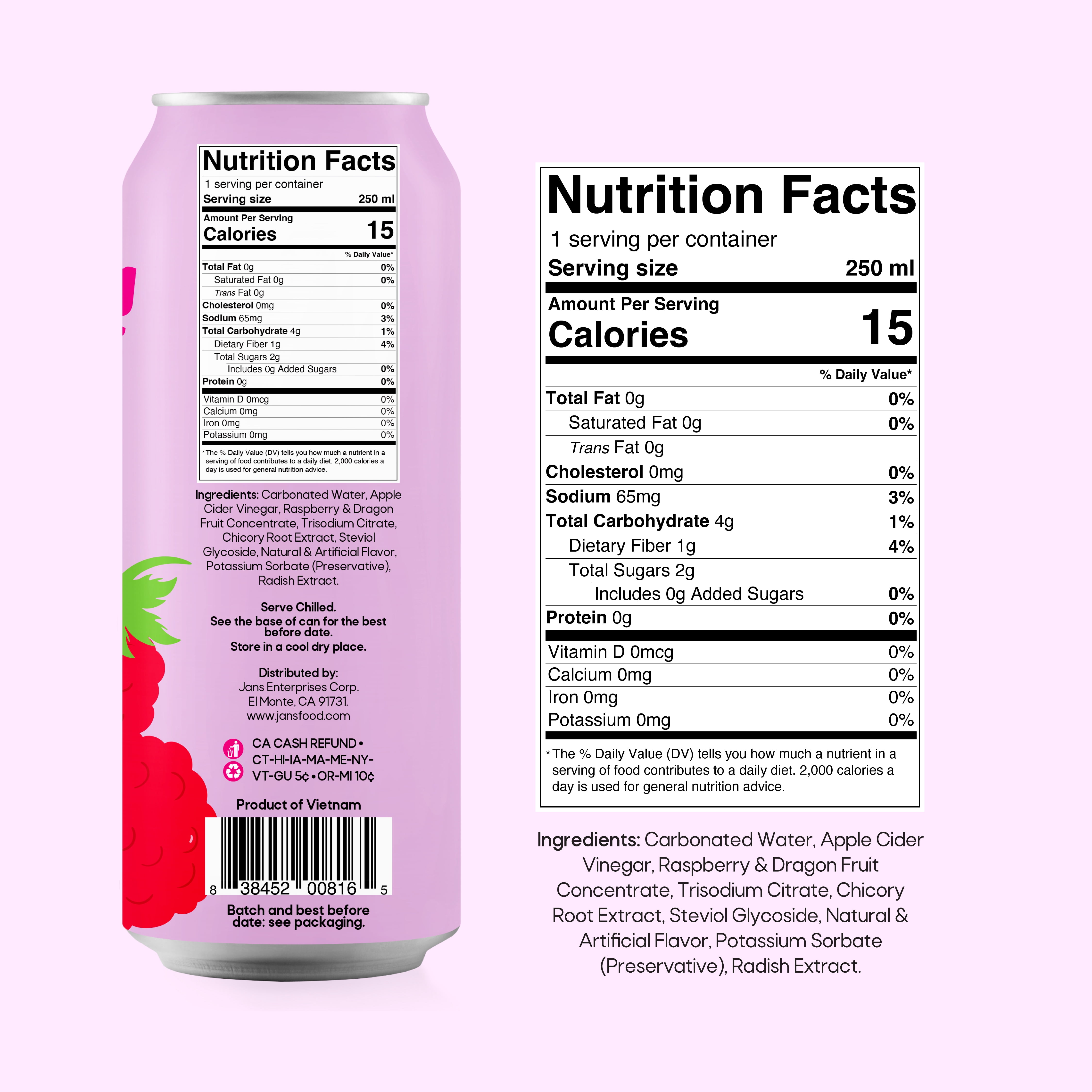 Jans Sparkling Prebiotic Soda Beverage, 8.4 oz Cans – Low Calorie, No Added Sugar – Non-GMO Sparkling Fruit Beverage – Gut Health Support – Naturally Refreshing (24-Pack, Dragonfruit & Raspberry)